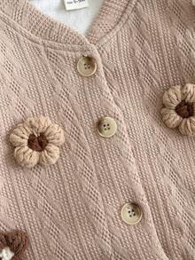 2pcs/Set Baby Girl Casual Cute Knitted 3D Floral Long Sleeve Top And Flare Pants Set, Spring/Autumn - Brown - View 12