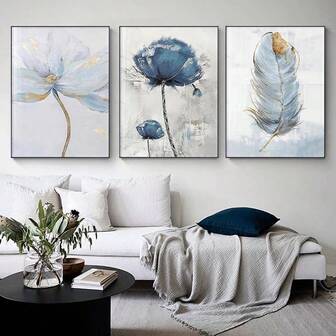 3 piezas Pluma azul y dorada, arte de pared, set de decoración de galería moderna en índigo y azul marino, póster de decoración de pared, decoración de lienzo de pared, regalo ideal/set para pasillo, dormitorio, sala de estar, arte de lienzo de pared, pósteres para habitación, decoración del hogar, decoración de habitación estética, artículos de decoración de habitación. Decoración de habitación, marco opcional
