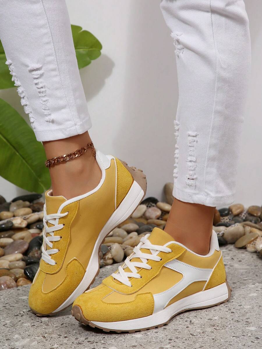 2025 Vintage Retro Style Lace-Up Casual Sneakers, Comfortable Platform Shoes For Women, Suitable For Outdoor Travel, Daily Commute, Lightweight Leisure Sports Shoes, Fits US Size 3.5-13 - Yellow - View 1