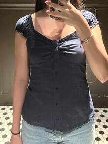Women's Button Down Lace Top V Neck Ruffled Sexy Low Cut Babydoll Top Cute Slim Fit Casual Work Blouse - 藏青色 - 查看 2