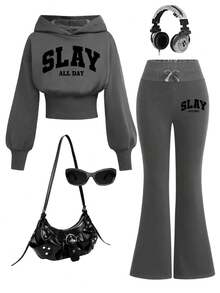 Tween Girl Letter Graphic Hoodie Sweatshirt And Flare Pants Set