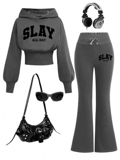 Tween Girl Letter Graphic Hoodie Sweatshirt And Flare Pants Set