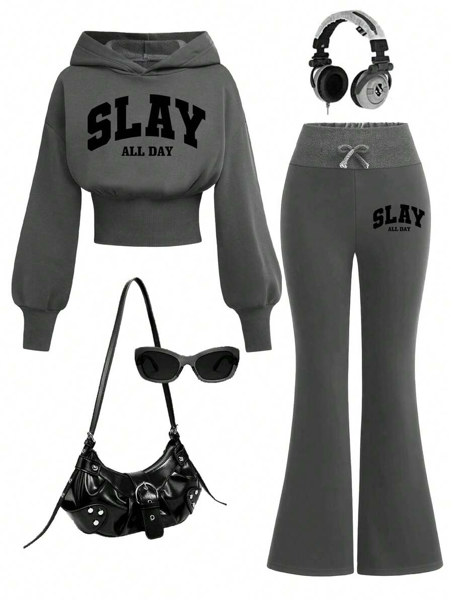 Tween Girl Letter Graphic Hoodie Sweatshirt And Flare Pants Set