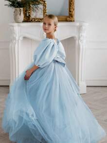 Tween Girl Elegant Bowknot Backless Deep V Puff Sleeve Mesh Princess Dress, Suitable For Birthday Party, Wedding, Flower Girl, Prom, Holiday Occasions - Baby Blue - View 6