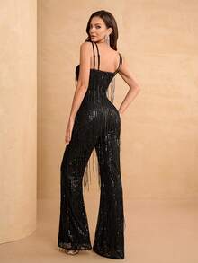 YISIKADO Bộ jumpsuit đính sequin cho nữ với dây đeo mảnh, tua rua và cổ chữ V, kiểu dáng ôm sát, thích hợp cho các buổi tiệc, đi học, kỳ nghỉ hoặc đám cưới. - màu đen - Xem 3