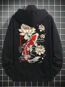 LCMen's Casual Street Carp & Print Pocket Drawstring Hoodie, Thermal Lined, Autumn/WinterCasual Daily Wear Ropa De Hombre Sudaderas Para Hombre Hoodies Men Men Fall Clothes Thanksgiving Day Halloween Men Clothes - 黑色 - 查看 6