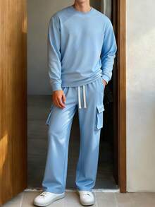 Herren Einfarbiger Langarm Sweatshirt und Lässig Cargo Hose Set, Herren 2 Stücke Set, Herren 2 Stücke Outfits, den ganzen Tag gemütlich und stylisch, Wochenendtrips, Outdoor-Aktivitäten, Reiseexpeditionen, Geschenk für Freund/Ehemann, Jahrestags-Geschenk - Babyblau - Übersicht 2