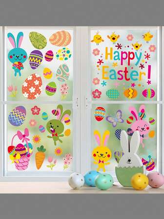4张复活节窗贴，复活节兔子、彩蛋、小鸡图案，双面复活节窗贴，春季家居节日派对用品，复活节装饰品