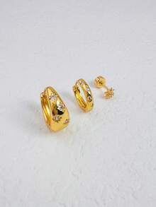 Bộ 3 bông tai hình bầu dục, mạ vàng 14k, ít gây dị ứng, thiết kế hình ngôi sao đính đá Cubic Zirconia, bộ bông tai thanh lịch, thích hợp để đeo nhiều lớp, đeo hàng ngày, phối cùng trang phục ngày lễ, làm quà tặng trang sức, chỉ bán theo bộ. - Bộ 3 khuyên tai - Xem 2