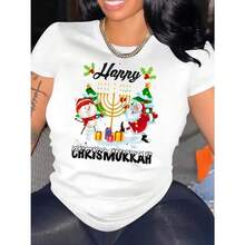 Camiseta casual de mujer con estampado de temática navideña, cómoda camiseta de cuello redondo de manga corta, adecuada para usar en primavera y verano, regalo de San Valentín y ropa de invierno, adecuada para cualquier ocasión, color sólido, estilo casual, reuniones familiares, uso diario. - Blanco - Ver 1