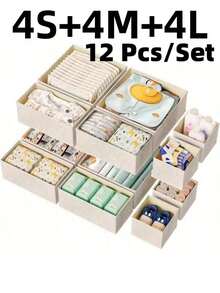 12pcs Non-Woven Clothing Drawer Organizer Set, Foldable Fabric Storage Bins With Zipper, Beige, For Socks, Bras, Towels, Ties - Hand Washable - Beige - View 1