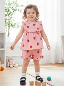 Baby Kids Girls Shorts Set, Strawberry/Cherry Sleeveless Crew Neck Tank Top And Shorts Summer 2-Piece Outfit - Đỏ - Xem 2