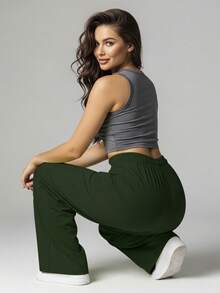Comfortable Women's Wide-Leg Sweatpants, Soft, Structured Fit, Casual, Basic, Plain, With A Faux Drawstring. - Verde militar - Ver 8