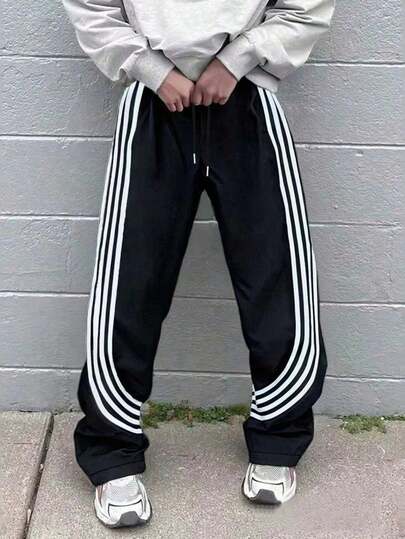 Men's Outdoor Track Pants With Side Stripes - Loose Fit Drawstring Waist Casual Joggers For Hiking Camping Daily Wear
