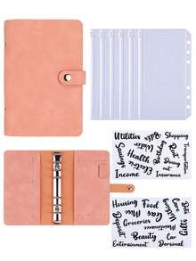 Juego de planificador de cuaderno de hojas sueltas de cuero suave A6, cuaderno de presupuesto, etiqueta de PVC, diario en inglés, diario de viaje portátil con sobre de efectivo, libro de ahorros, planificador de presupuesto, carpeta de cuero PU - Rosa - Ver 1