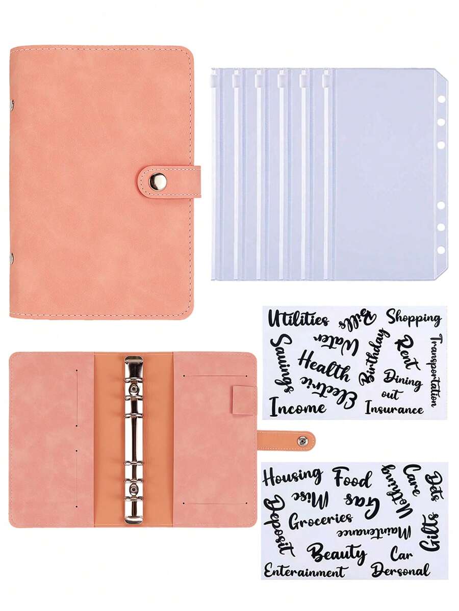 Juego de planificador de cuaderno de hojas sueltas de cuero suave A6, cuaderno de presupuesto, etiqueta de PVC, diario en inglés, diario de viaje portátil con sobre de efectivo, libro de ahorros, planificador de presupuesto, carpeta de cuero PU - Rosa - Ver 1