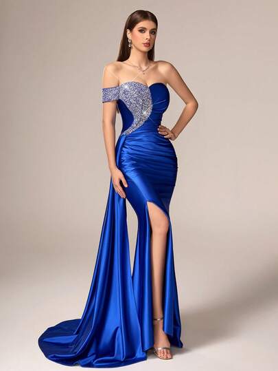 Elegant & Luxurious Women's Royal Blue Sleeveless Long Satin Evening Gown - Strapless Off-Shoulder Neckline With Dazzling Sequin Embellishments, Slit Mermaid Silhouette & Train | Ideal For Gala Dinners, Prom Nights, Wedding Guest Occasions, Red Carpet Events, Anniversary Celebrations & Formal Banquets