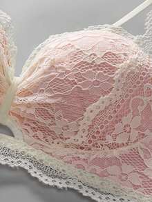 女士粉色新款性感蕾丝文胸，提拉、防下垂、镂空、聚拢、加垫、工字背钢圈文胸 [适合娇小胸型] - 粉色 - 查看 6