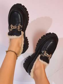 Plus Size Women's Thermal Lined Loafers, Thick Sole Slip-On Casual Oxfords In Black & Brown, Versatile English Style Sneakers For Women, Autumn/Winter