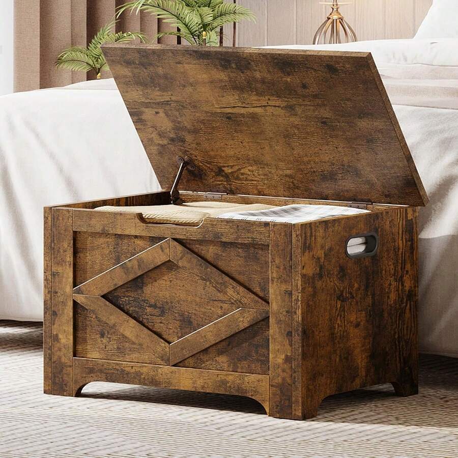 Cofre de Almacenamiento de 23.6 Pulgadas, Banco de Almacenamiento de Madera con bisagra de Seguri-dad, fácil Montaje, Gran baúl de Juguetes para Entrada, Sala de Estar, recámara - Marrón - Ver 1