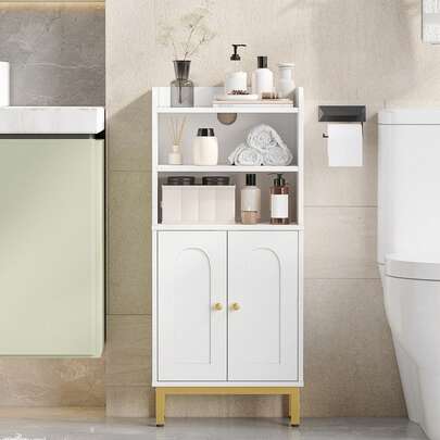 Bathroom Storage Cabinet, Small Floor Cabinet With 2 Door And Shelves, Toilet Paper Cabinets, Bathroom Organizer With Adjustable Shelf, For Small Spaces White 7.1" D X 14.6" W X 32.7" H