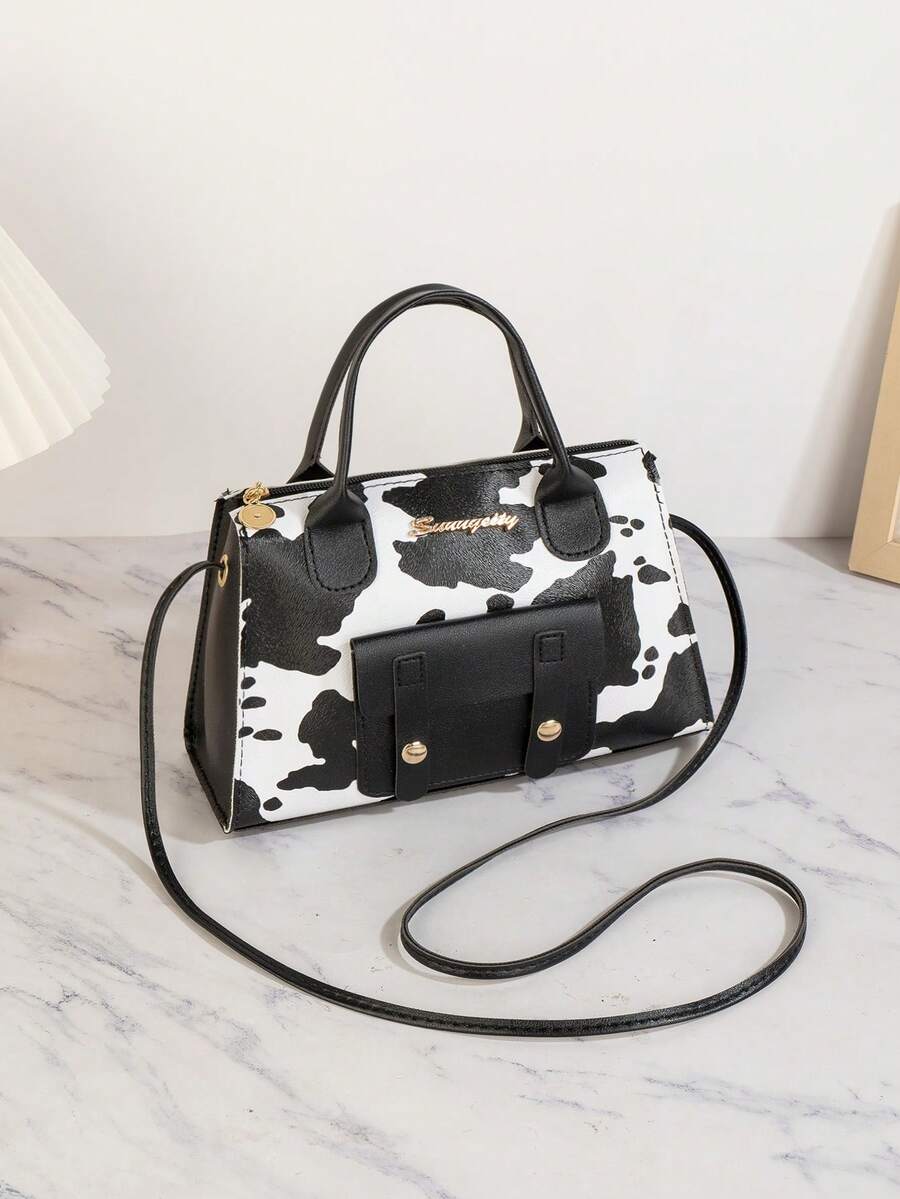 1个撞色奶牛纹手提包，简约时尚亮面托特单肩斜挎包，百搭休闲、购物、派对等场合，女士波士顿包，优雅女士钱包，女士斜挎包，黑色斜挎包，女士钱包，女士手提包，圣诞礼物，送她的礼物，金色手提包，优雅女士钱包 - 黑色 - 查看 1