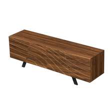 Modern TV Cabinet With Wave-Shaped Front – Lowboard In Walnut Look With Black Iron Legs, Large Storage Space, Cable Management & Shelf – TV Furniture For Living Room - Walnut - View 11