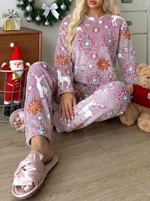 Setelan 2pcs Wanita Motif Natal: Sweatshirt & Celana, Bahan Fleece Hangat dengan Motif Cetak Seluruh Permukaan, Warna Merah, Nyaman & Romantis untuk Musim Gugur/Dingin - Merah - View 5