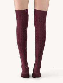 1 Pair Cable Knit Over-The-Knee Socks - Burgundy - View 6