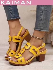 1 Pair Women's PU Leather Hollow Geometric Pattern Fashion High Heel Sandals, Suitable For Party, Beach, Holiday, Spring/Summer - Yellow - View 3