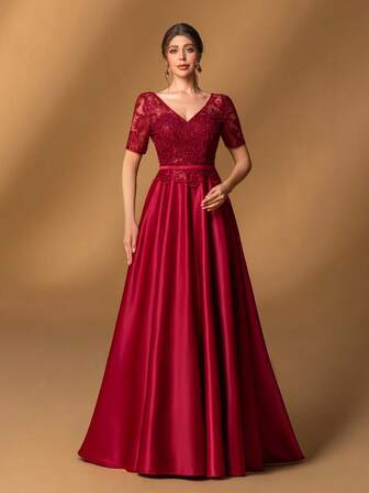 Faeriesty Mosy Elegant V-Neck Lace Short Sleeve A-Line Mother Of The Bride Dress Gown For Formal Weddings, Black Tie Galas, Grand Receptions, Evening Banquets, Luxury Ceremonies New Year Outfit