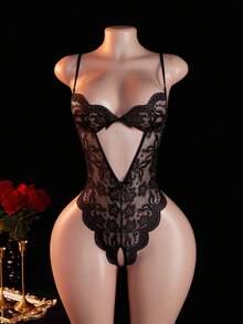 1pc Women's Sexy Backless Lace Trim Bodysuit, Sheer Bow Accent, All-In-One Design, Suitable For Loungewear Or Private Parties, Lingerie - Black - View 1