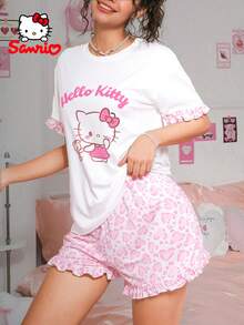 Bộ đồ ngủ nữ Hello Kitty Sanrio 2 món, đồ ngủ Sanrio, bộ đồ ngủ Hello Kitty, in chữ và số, đồ ngủ viền bèo nhún, bộ đồ ngủ ngắn tay cổ tròn màu hồng, bộ đồ mặc nhà dễ thương - Màu Hồng baby - Xem 1