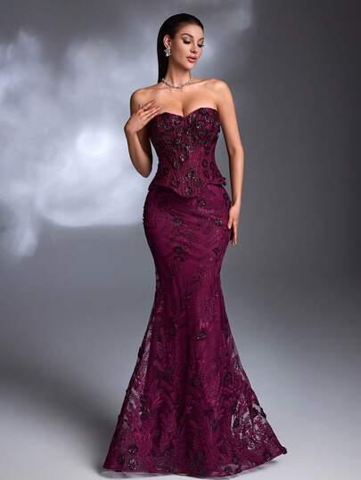 AMILUCK Nuevo vestido de lujo y alta gama para mujer, elegante con bodice de encaje 3D floral, costura de espina de pescado, volante en el bajo, cola de sirena maxi. Adecuado para fiestas de noche formales, galas, eventos de alfombra roja, atuendo de invitada de boda.