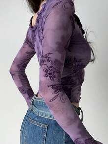 Women's Bell Sleeve Top, Flocked Ruffle Detail, Tie Waist Fitted Purple Shirt, Retro Gothic Style Tie Shirt