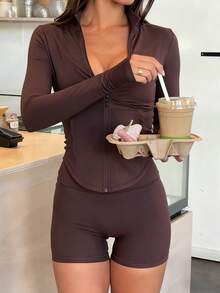 GAOVOT 2pcs Women's Spring/Summer Sports & Casual Outfit, Including Stand Collar Zip-Up Jacket And High Waist Skinny Shorts, Suitable For Running, Yoga And Other Workouts