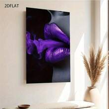 2D Flat, 1pc Modern Lips & Lipstick Abstract Purple Framed Poster - Glossy Black Wood Frame, Dark Background With Dramatic Lip Art - Wrapped Canvas Wall Decor For Home, Office, Bathroom - Bold Purple Lipstick Painting For Halloween, Christmas - 彩色 - 查看 6