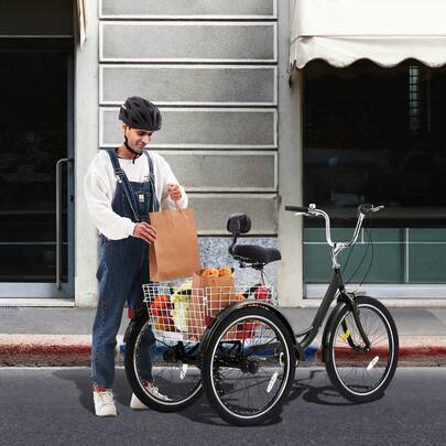 Triciclos para adultos, triciclos para adultos de 7 velocidades, bicicletas de tres ruedas de 24 pulgadas, bicicleta de crucero de acero al carbono con canasta y asiento ajustable, triciclos de compras para picnic para personas mayores, mujeres, hombres (negro)