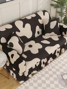 1pc Printed Ruffled Elastic Sofa Cover, Machine Washable, Protects Sofa, Dust & Dirt Resistant, Suitable For All Seasons - Brown - View 1
