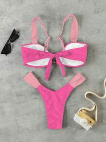 Bộ bikini nữ mùa Xuân/Hè mới, màu hồng ombre, xếp ly, gợi cảm, thanh lịch, thích hợp cho đi biển, nghỉ lễ, dự tiệc, bao gồm áo tắm riêng. - Hồng - Xem 3