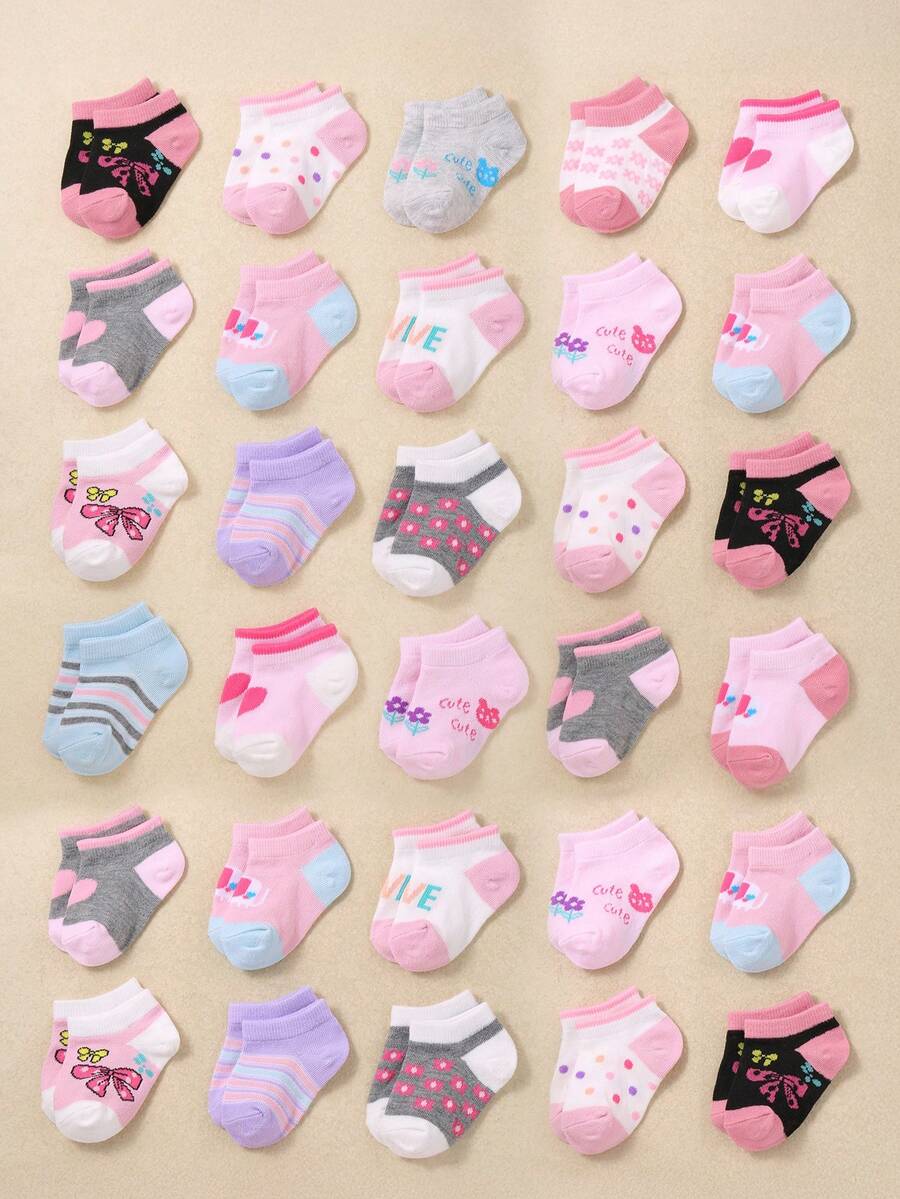 24/12/6 双装婴儿袜,幼儿女童撞色图案袜,超柔软弹力舒适日常袜,0-36 个月,适合春/夏/秋/冬四季,婴儿袜,女童袜,幼儿袜,短袜,印花袜,女童礼盒套装,生日礼物,圣诞礼物 - 彩色 - 查看 1