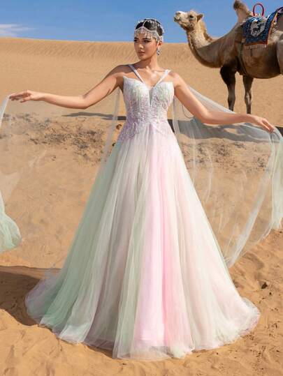 Faeriesty This Luxurious Sleeveless Floor-Length Dress Features Beaded Sequins, Multi-Layered Chiffon Fabric, And Draped Shoulder Design - Making It An Ideal Choice For Weddings, Cultural Celebrations, Formal Galas, And Red Carpet Events.