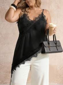 大码女士性感缎面纯色撞色蕾丝不对称下摆吊带背心，黑色上衣，性感女式衬衫，万圣节服装，派对服饰 - 黑色 - 查看 3