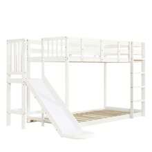 Wooden Bunk Bed With Ladder And Railing, With Curtain, Slide, Fall Protection And Railing, MDF+Pine, White, 90x200cm - 白色 - 查看 10
