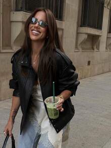 DEEKA 秋冬新款女装欧美风落肩纹理仿皮夹克 黑色 - 黑色 - 查看 1