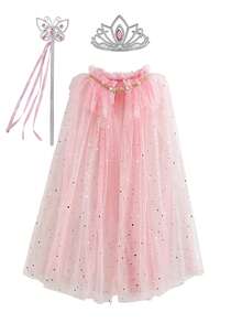 3pcs/Set Pink Glitter Star Cloak, Crown, Magic Wand Set, Girls Christmas, Halloween, Carnival Costume, Party, Stage Performance, Cosplay Outfit - Pink - View 9