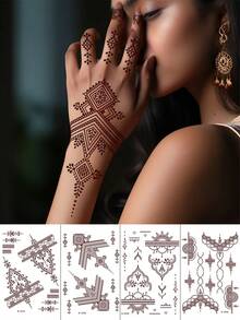 4 Sheets Henna Tattoo Lace Henna Temporary Tattoos For Women Waterproof Fake Tattoos Stickers For Wedding Festival Party Decorations - Brown - View 9