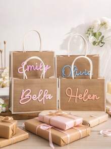 Personalized Handmade Embroidered Linen Tote Bag, Bridesmaid Invitation Bag, Letter Print Beach Tote, Bridesmaid Gift Bag, Letter Combination Tote, Wedding Gift Bag, Bachelorette Party Bag. Fashionable, Colorful, Minimalist, Cute, Unique Personalized Gifts, Wedding Favors, Bridesmaid Gifts - Multicolor - View 2