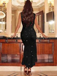 Rochie lungă de petrecere, fără mâneci, din dantelă, cu model patchwork, sexy, culoare solidă, cu crăpături înalte, elegantă, cu volane, cu sclipici, pentru femei, cadou de Ziua Îndrăgostiților - Negru - Vizualizare 6