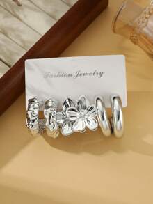 Set de 6/18 pendientes de moda en plata, incluye diseños florales, con textura de concha, brillantes, aros minimalistas, estilos mixtos adecuados para uso diario - Plateado - Ver 2